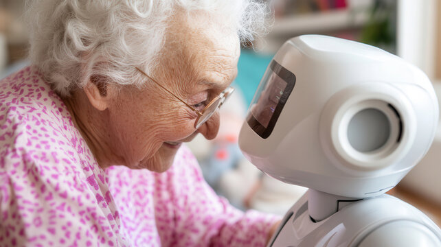 A humanoid care robot assists an elderly patient in a minimalist home care environment, featuring safety mechanisms and empathetic AI, emphasizing emotional resonance and ultra-realism.
