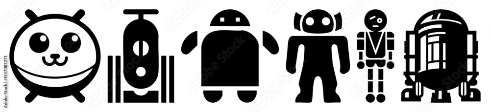 Poster vector diverse robotic characters featuring playful designs and futuristic elements.