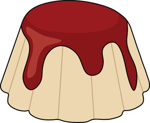 A creamy vanilla pudding topped with a vibrant, glossy strawberry sauce dripping down the sides. The dessert is presented in a classic mold, offering a delicious and visually appealing treat