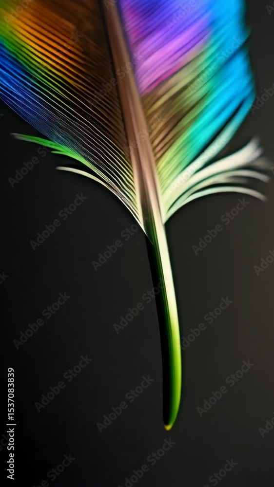 Aufkleber macro image of a vibrant feather displaying vivid hues of rainbow colors on a dark background, empha