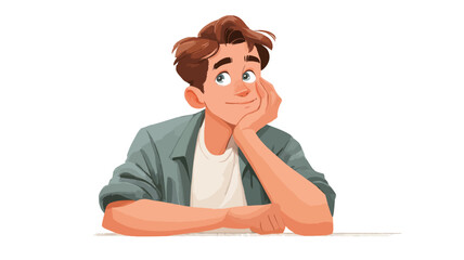 A digital illustration depicting a young man with brown hair, wearing a gray shirt over a white t-shirt. He is shown from the chest up, with his elbows resting on a surface and his hand supporting