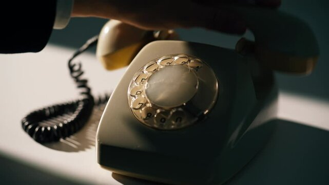 Hand hang up retro telephone standing on desk in evening shadow closeup. 
