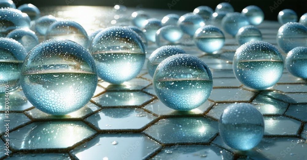 Aufkleber Water droplets rest upon hexagonal grid surface. Light reflects, creating bright, glossy effect. Minimalist composition, cool tones dominate scene.