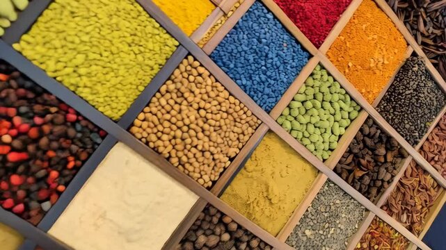 Assortment of colorful dried herbs, spices and beans arranged in a square grid pattern display for culinary or creative backdrop.