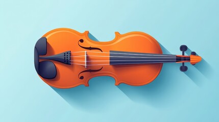 A vibrant orange violin with sunglasses, set against a soft blue background, showcasing a playful theme