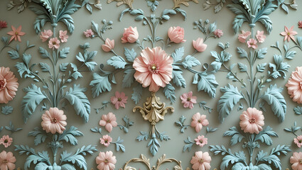 Elegant pastel floral wallpaper with ornate leaf design high resolution image