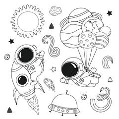 outline set of isolated cute astronauts and planets, Sun