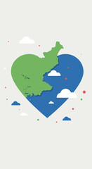 A heart-shaped design with two contrasting colors, representing the division between two regions, possibly a depiction of the Korean Peninsula, with green and blue sides indicating North and South Kor