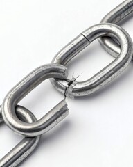 Small metal chain clasp snapped in two with sharp detail on break point creates symbolic imagery for broken connections and security failure concepts