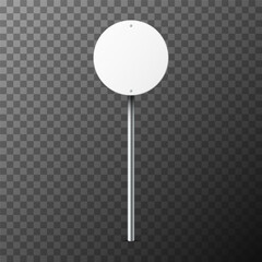 Realistic white round traffic sign on metal pole on transparent background. Blank highway board with place for text or information. Directional wayfinder, signpost symbol. Vector illustration