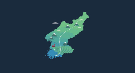  A circular, stylized map of South Korea, with lines indicating movement, and dotted pathways representing connections or transportation routes.