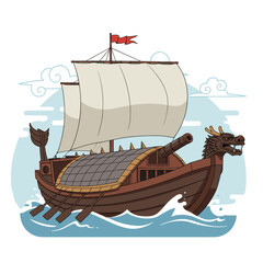 A traditional wooden ship with a dragon-shaped prow, sailing on the waves. This vessel likely symbolizes strength, power, and adventure.