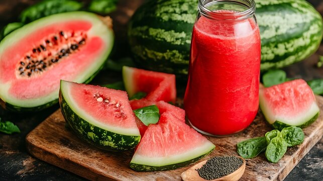 Refreshing watermelon juice in a glass with fresh watermelon slices on a rustic board