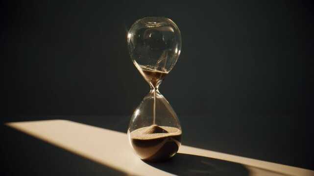 Gold sand grains running inside hourglass measuring time in countdown closeup.