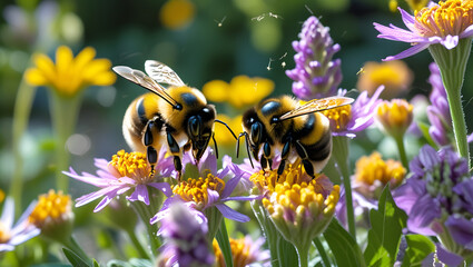 Buzzing bees highlight vibrant floral landscape high resolution Photo
