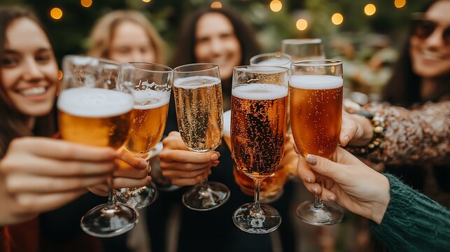 Joyful celebration: Young women toasting with champagne outdoors at festive event