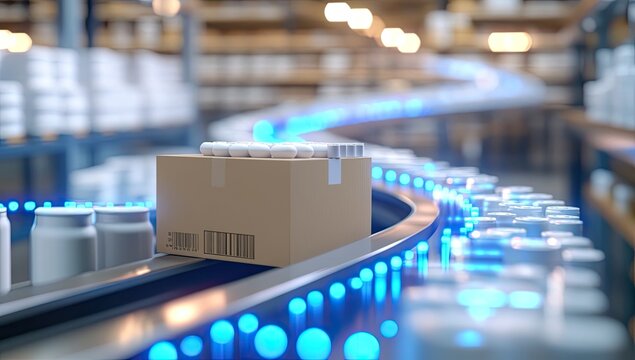 Automated pharmaceutical packaging line in a warehouse