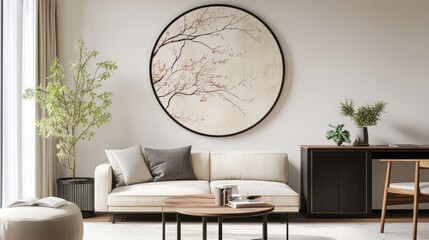 Cozy, modern living room with a circular wall hanging of blossoming branches