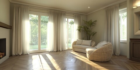 Sunlit, airy living room with natural light streaming through large windows