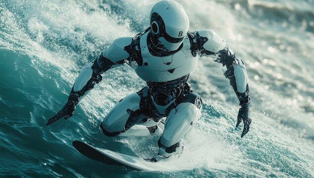 Futuristic robot surfer riding a wave (1)