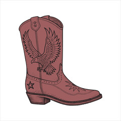 Western Cowboy Boot with Eagle Emblem – Black and White Line Art Vector for Tracing or Coloring

