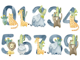 Watercolor animals numbers.