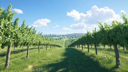 Naklejka premium Lush vineyard rows stretch towards horizon under sunny sky