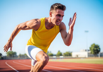 Fototapeta premium Young male athlete sprinting on track.