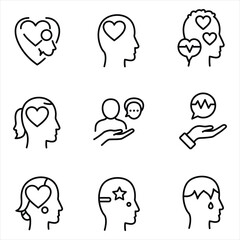 Nine Black Line Icons Depicting Hearts Minds Relationships and Emotions head love Vector Icons for Business, Web, UI/UX, and Design Projects