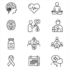 Twelve Black Line Icons Set Healthcare Wellness Brain Heart Meditation Pill Bottle Calendar Network Teamwork Support Awareness Vector Icons for Business, Web, UI/UX, and Design Projects
