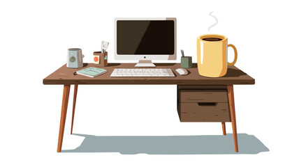 A digital illustration depicting a modern home office desk setup.  The image shows a brown wooden desk with tapered legs, featuring a desktop computer with a black screen, a keyboard, a mouse