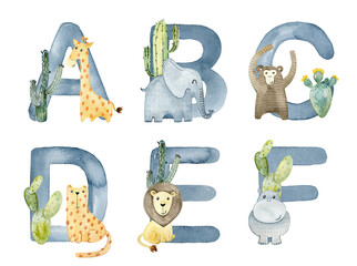 Watercolor animals letters.