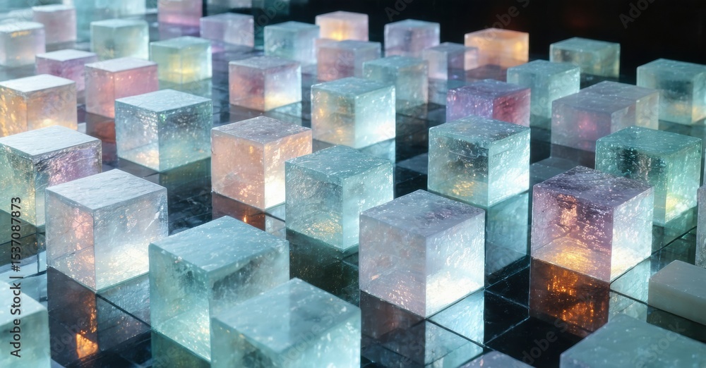 Poster Illuminated cubes create abstract landscape. Light reflects, refracts through translucent blocks. Dark background emphasizes glowing forms.