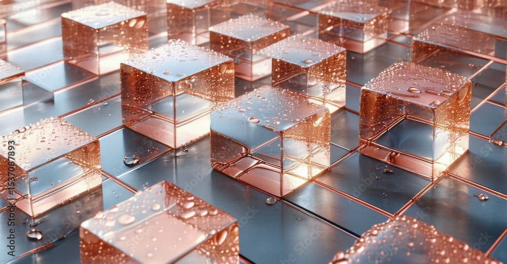 Poster Geometric cubes, glossy surface, wet texture. Reflections create interesting visual pattern, dark background enhances contrast.