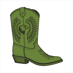 Western Cowboy Boot with Eagle Emblem &ndash; Black and White Line Art Vector for Tracing or Coloring

