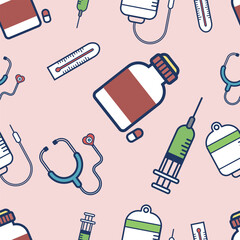 A detailed and informative patterns featuring illustration of medical essentials like thermometer, syringes, stethoscope, iv drips, perfect for healthcare, medical, packaging design, pharmaceutical,