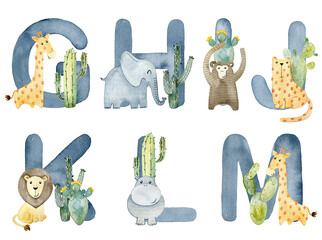 Watercolor animals letters.