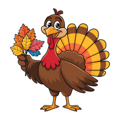 A cheerful cartoon turkey standing upright, holding a cluster of colorful autumn leaves in one wing.