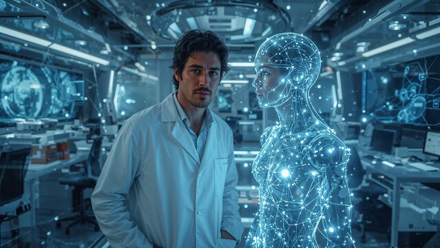 A scientist observes a holographic representation of a person in a futuristic laboratory.