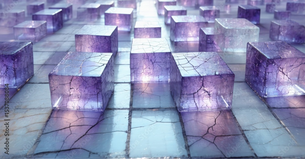 Aufkleber Crystalline structures cover cracked surface. Light emanates from within blocks, creating ethereal glow. Abstract digital art composition.