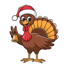 A cheerful cartoon turkey wearing a Santa hat and holding a jingle bell in one wing. The turkey has a big smile, bright eyes, and colorful tail feathers with shades of brown and orange.