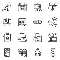 Black and white line icons set business meeting presentation planning communication calendar microphone projector document laptop mobile phone coffee cup Vector Icons for Business, Web, UI/UX, and 
