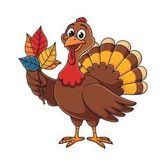 A cheerful cartoon turkey standing upright, holding a cluster of colorful autumn leaves in one wing.