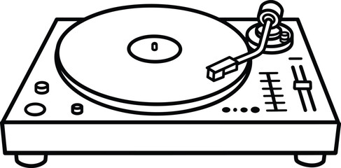 Turntable Icon: A detailed line art illustration of a turntable, showcasing its essential components with precision, inviting one to experience the rhythm of sound and the joy of music.