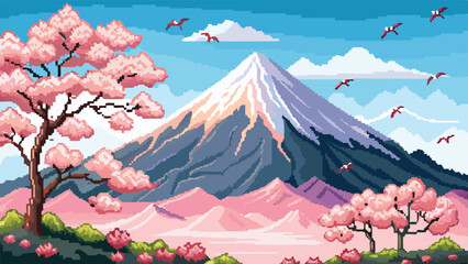 Pixel Art of Mount Fuji – Iconic Japanese Mountain in Retro Pixel Style © revpy