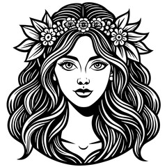 Elegant illustration of a beautiful woman adorned with flowers a stunning black and white floral portrait