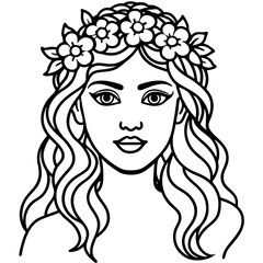 Elegant line art illustration of a beautiful woman wearing a floral crown depicting femininity and natural beauty perfect for design projects