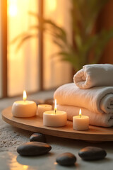 Macro shot of luxurious spa scene with multiple candles, folded white towels, and pebbles under golden hour sunlight
