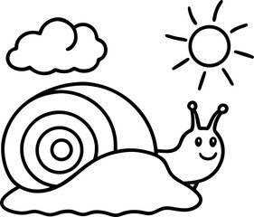 Simple black and white illustration of a smiling snail under a cheerful sun and cloud depicting nature