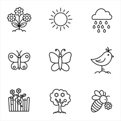 Nine Simple Line Drawings of Nature Icons Flowers Sun Rain Butterflies Bird Fence Tree Bee Black White Vector Icons for Business, Web, UI/UX, and Design Projects